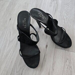 vintage Gucci by Tom Ford | black beaded glam satin strappy heels | WMS 10